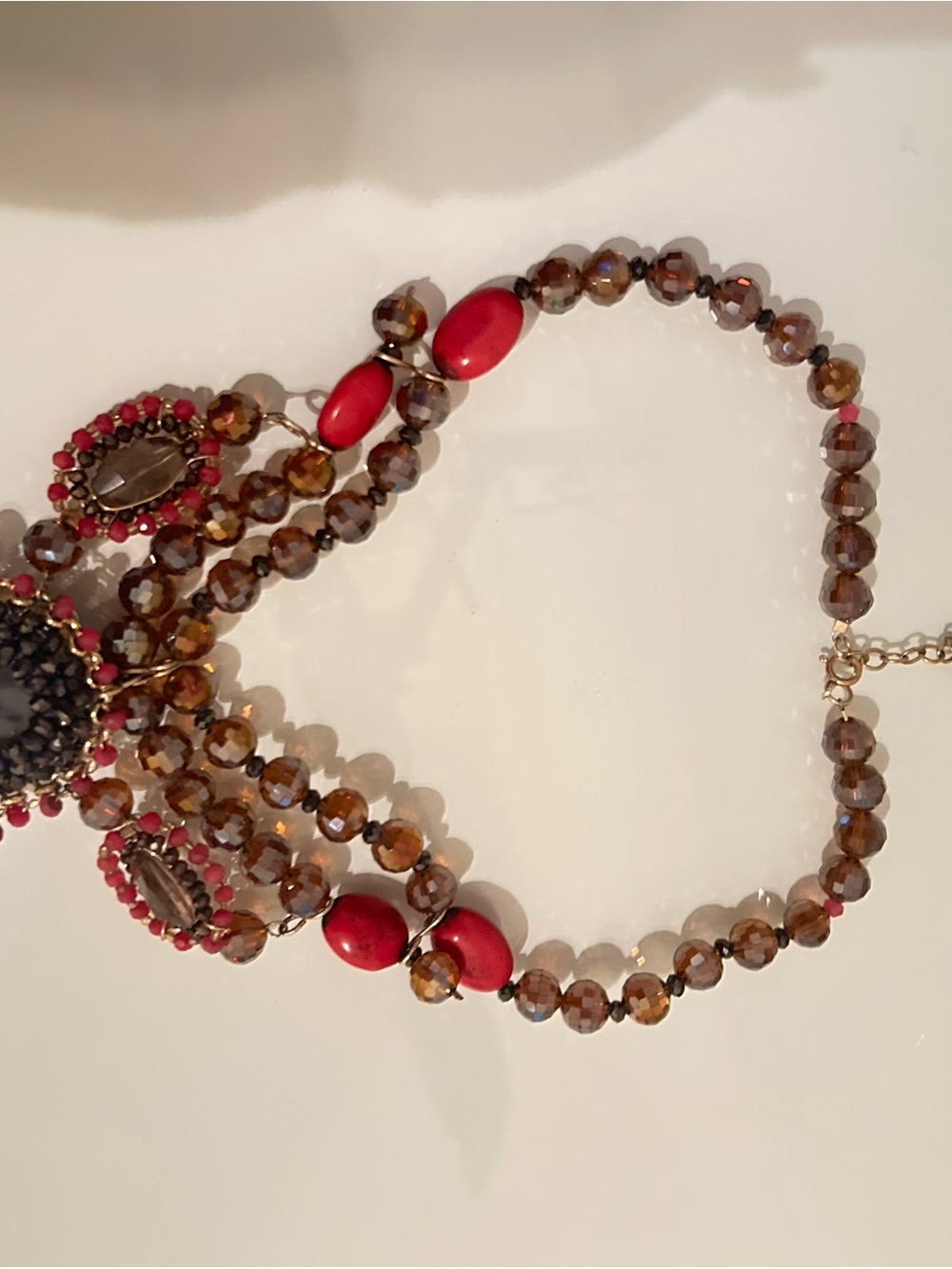 Statement Brown and Red Beaded Necklace - Women's Jewelry